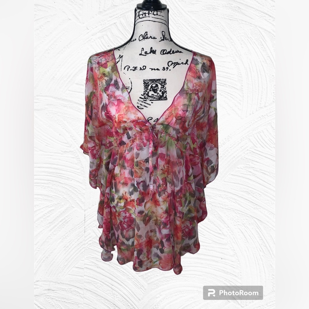 Becca poly chiffon tunic top, swimsuit cover or dress. Boho floral print XS